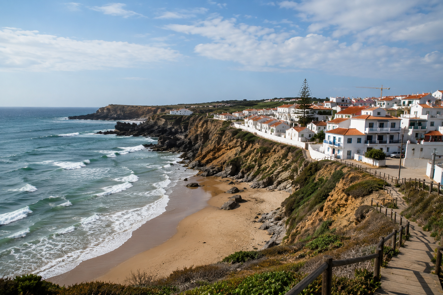 Costa Vicentina ao pôr do sol com arco rochoso sobre o mar