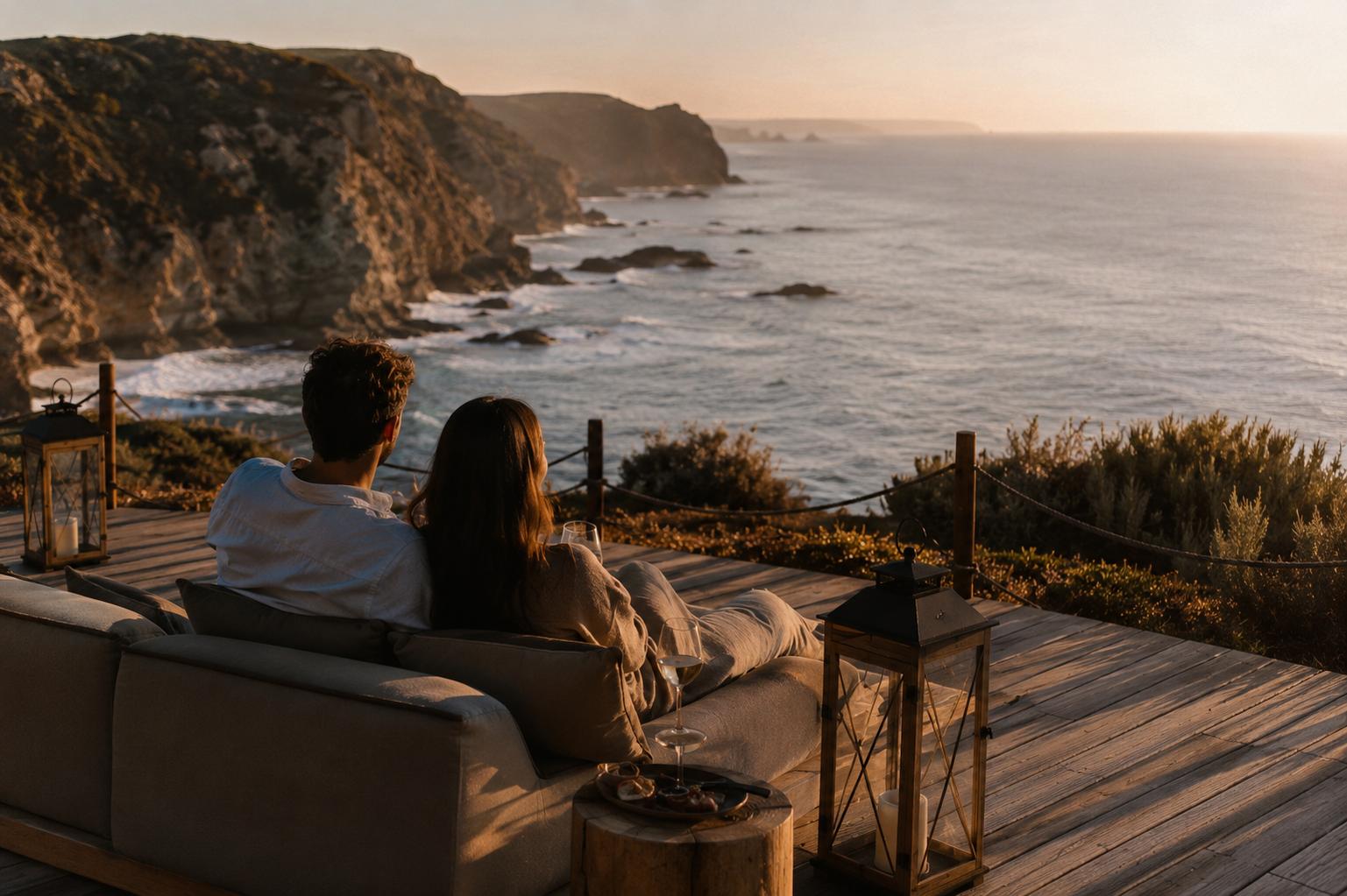 Casal a jantar à beira-mar ao pôr do sol