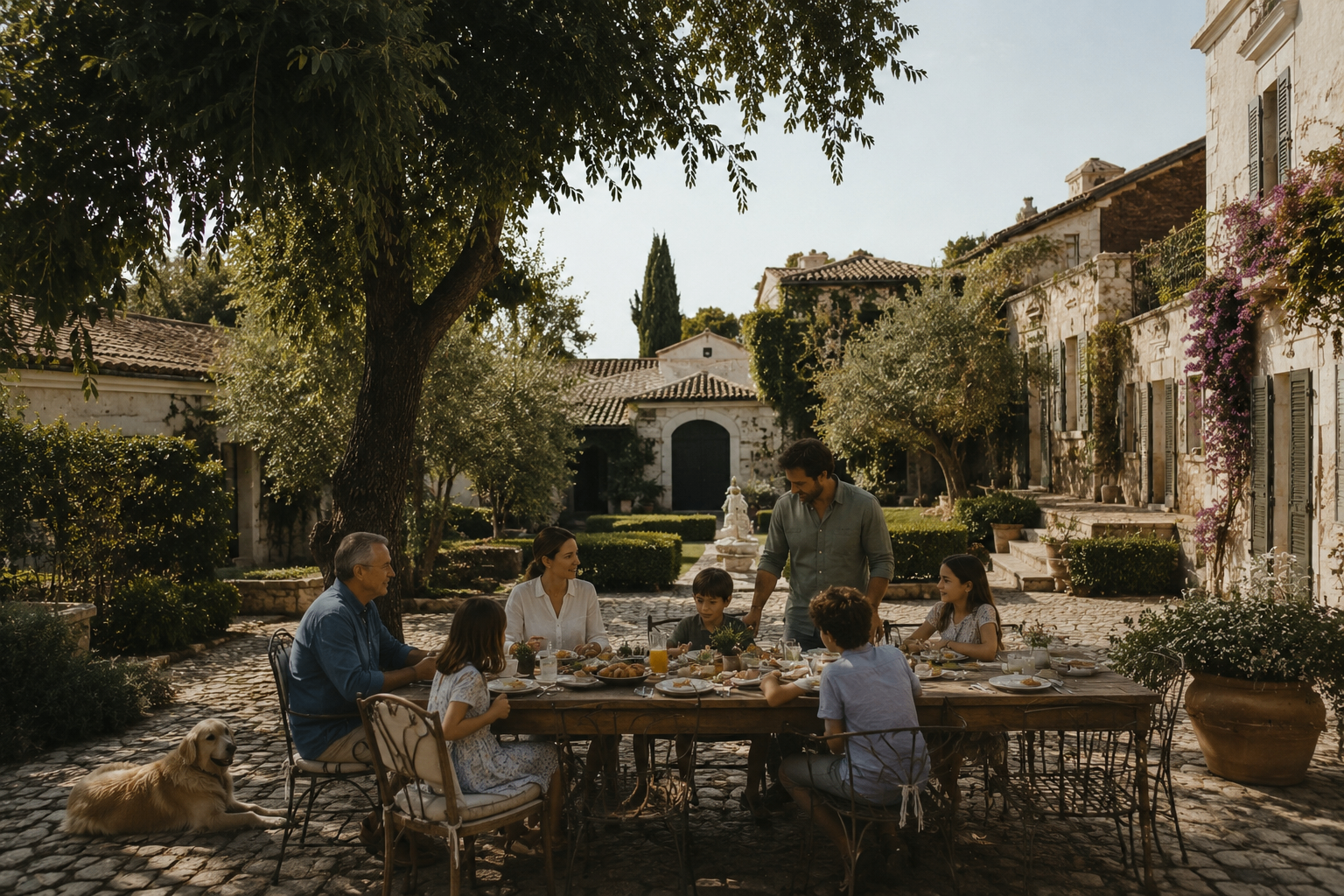 Villa portuguesa com piscina sobre o campo ao pôr do sol