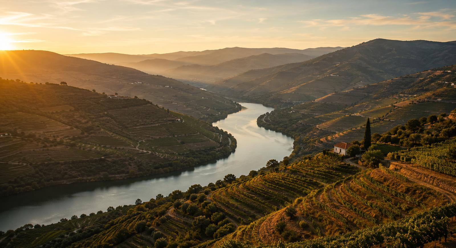 Vinhas socalcadas do Vale do Douro ao pôr do sol